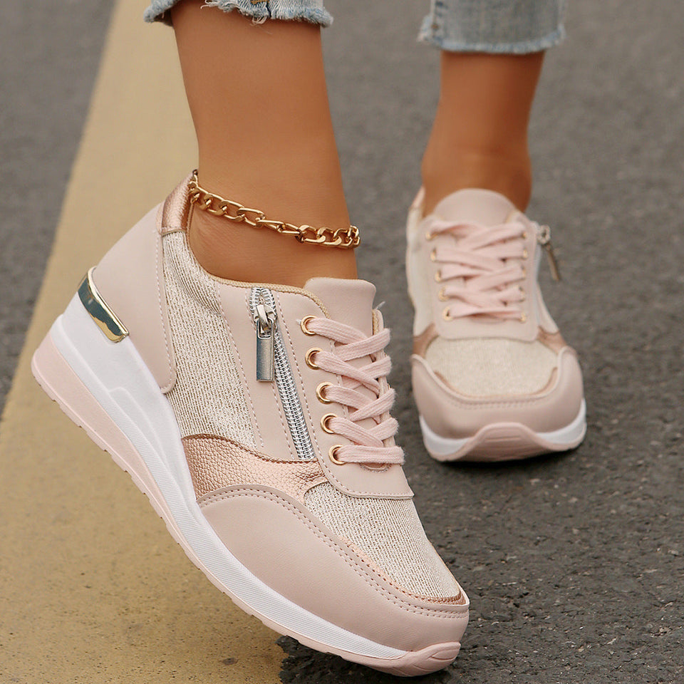 Baskets Femme à Lacets avec Zip Latéral – Semelle Épaisse, Confort et Style Sportif