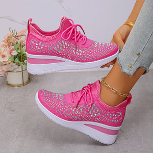 Baskets à strass brillantes, à lacets tendance, compensées pour femmes