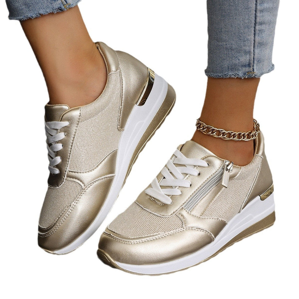 Baskets Femme à Lacets avec Zip Latéral – Semelle Épaisse, Confort et Style Sportif