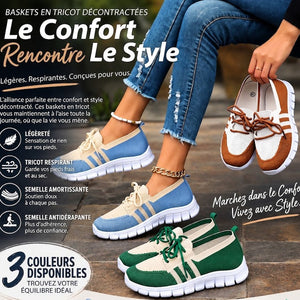 Chaussures Femme Casual Sport en Maille Tissée, à Lacets et Semelle Plate Color-Block