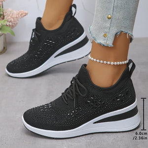 Baskets à strass brillantes, à lacets tendance, compensées pour femmes