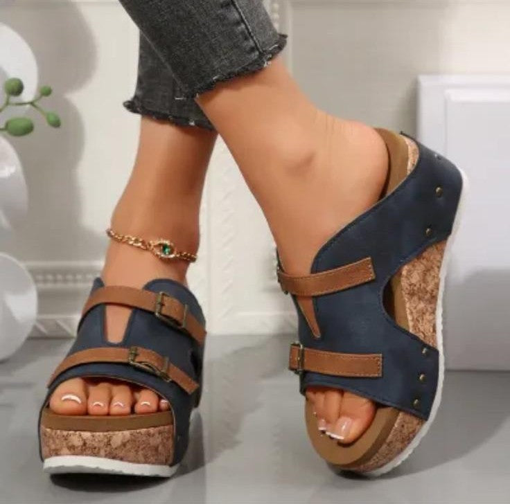 Sandales Compensées Femme Élégantes à Boucles Ajustables