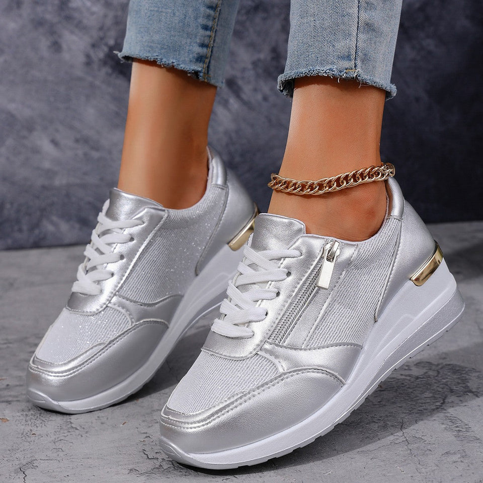 Baskets Femme à Lacets avec Zip Latéral – Semelle Épaisse, Confort et Style Sportif